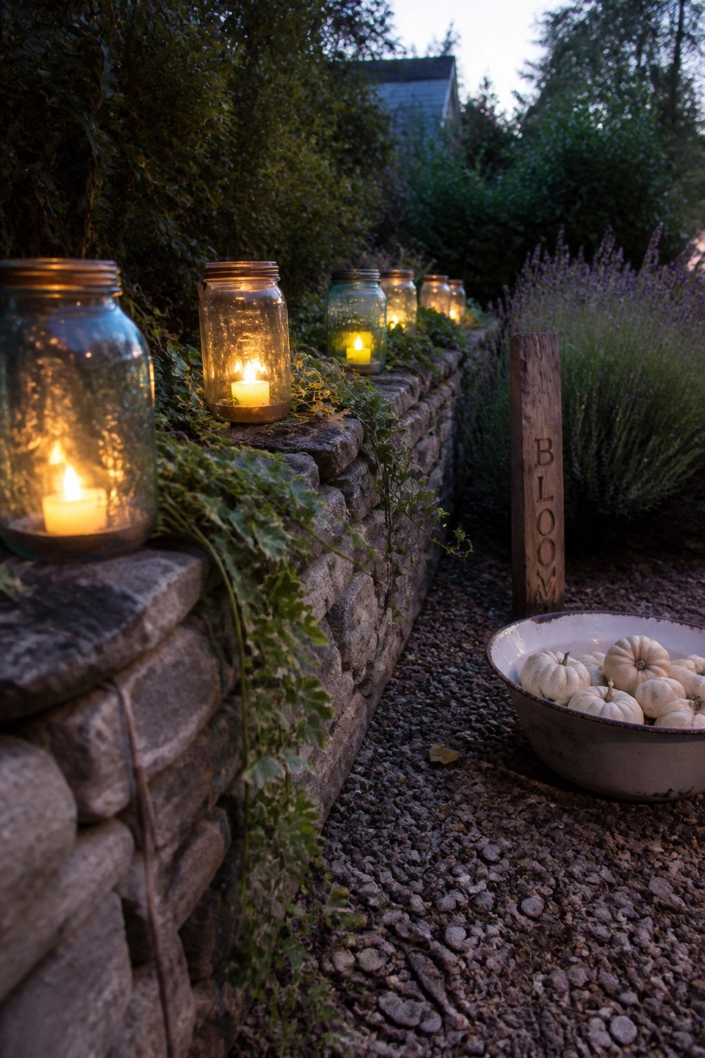 Mason jars with lit candles sit along a stone wall beside a gravel garden path, with white pumpkins in a bowl nearby and a wooden sign reading BLOOM.