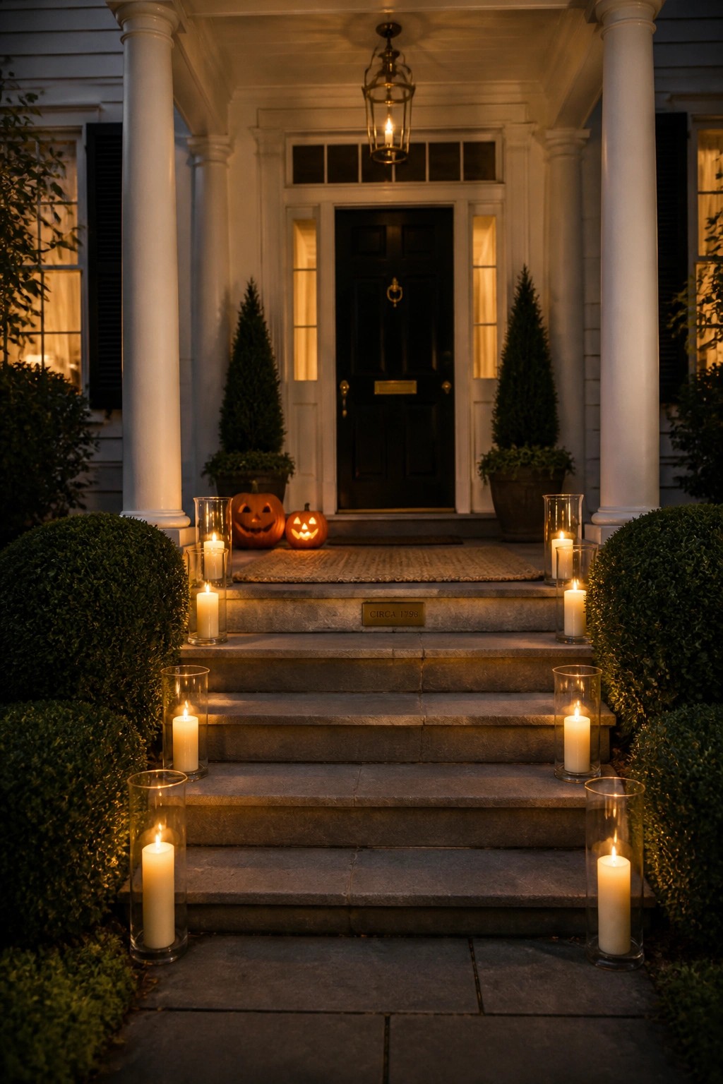 Front entrance of a white house with black door, stone steps lined with lit white candles in tall glass holders, and two carved pumpkins on the landing.