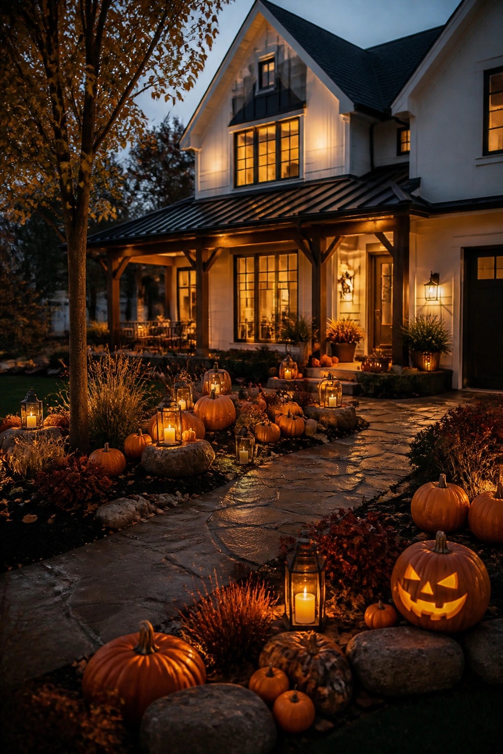 Stone walkway lined with carved glowing jack o lanterns and lanterns placed among rocks and shrubs in front of a house.