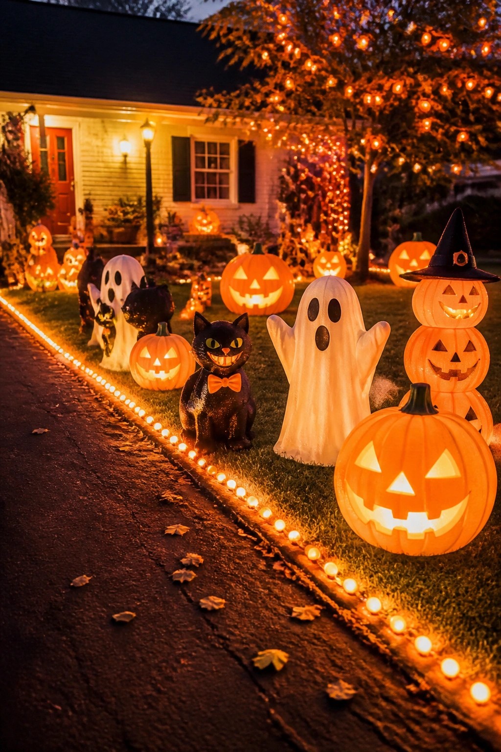 Glowing jack-o'-lanterns, ghost, and black cat along string-lit yard path at night