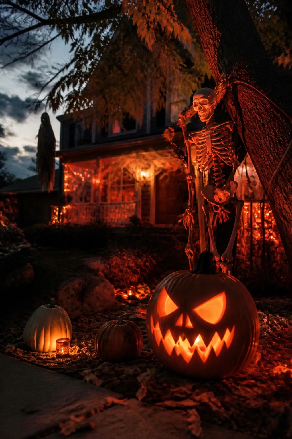 Glowing jack-o'-lantern beside skeleton by tree in front of decorated house