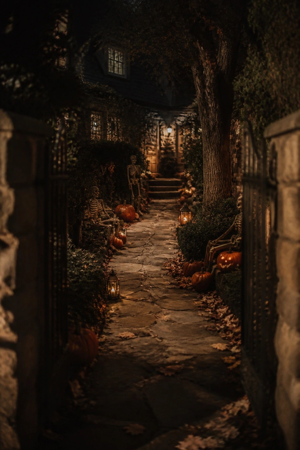 Stone walkway lined with posed skeletons and carved pumpkins at night.