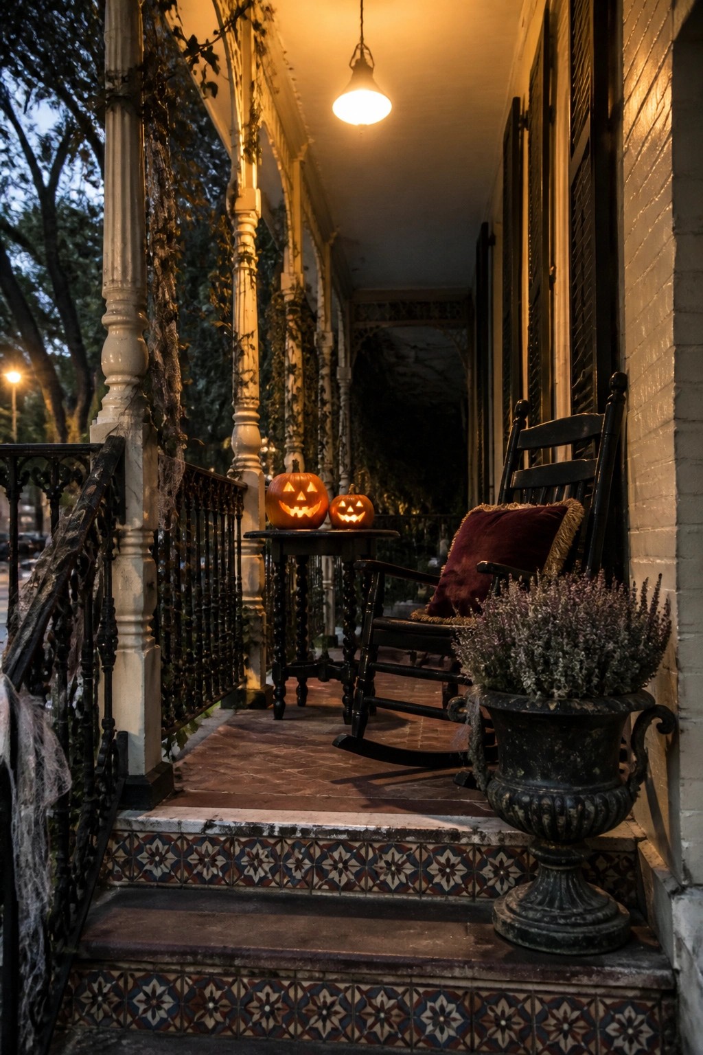 A nighttime view of a decorated front porch with two carved pumpkins on a small table beside a black rocking chair and a large potted plant.