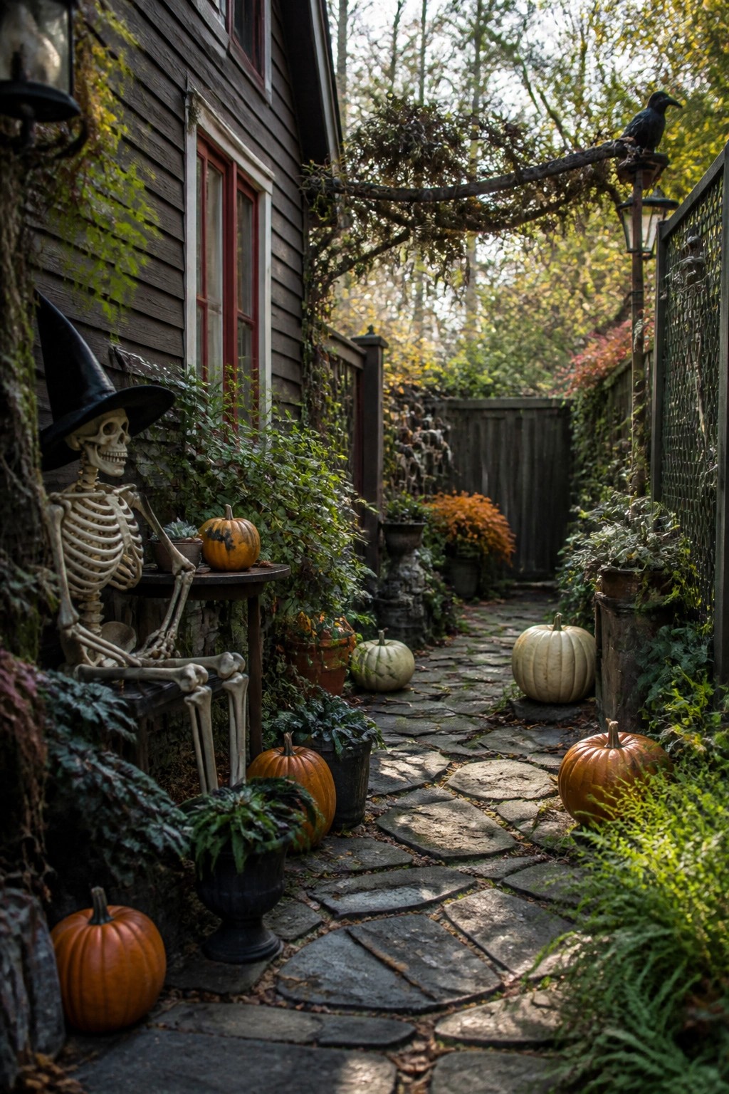 Stone pathway beside a house decorated with a skeleton in a witch hat seated at a small table, surrounded by orange and white pumpkins and a black crow on an overhead branch.