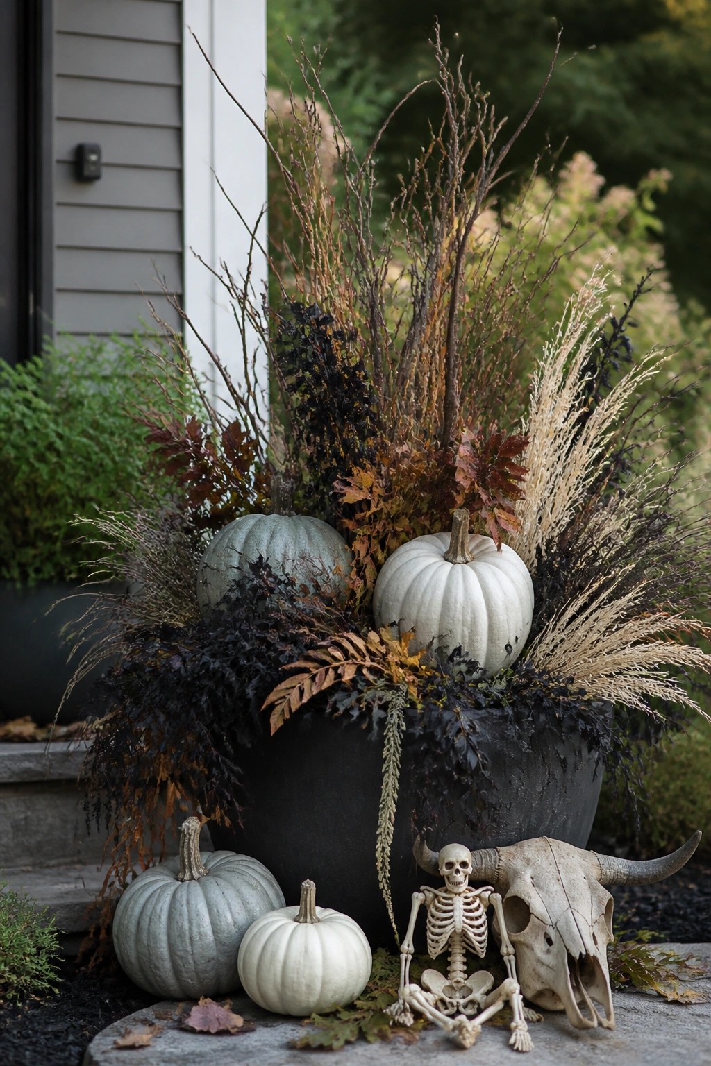 Black pot with white and green pumpkins, autumn foliage, skeleton, and horned skull