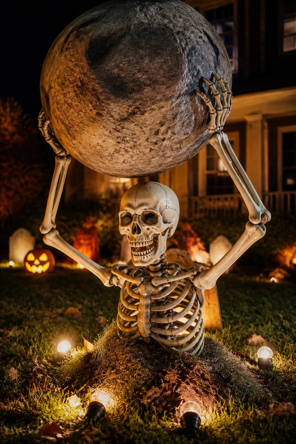 A skeleton decoration in a yard holds a large moon prop above its head at night, with tombstones and a lit jack o lantern visible nearby.