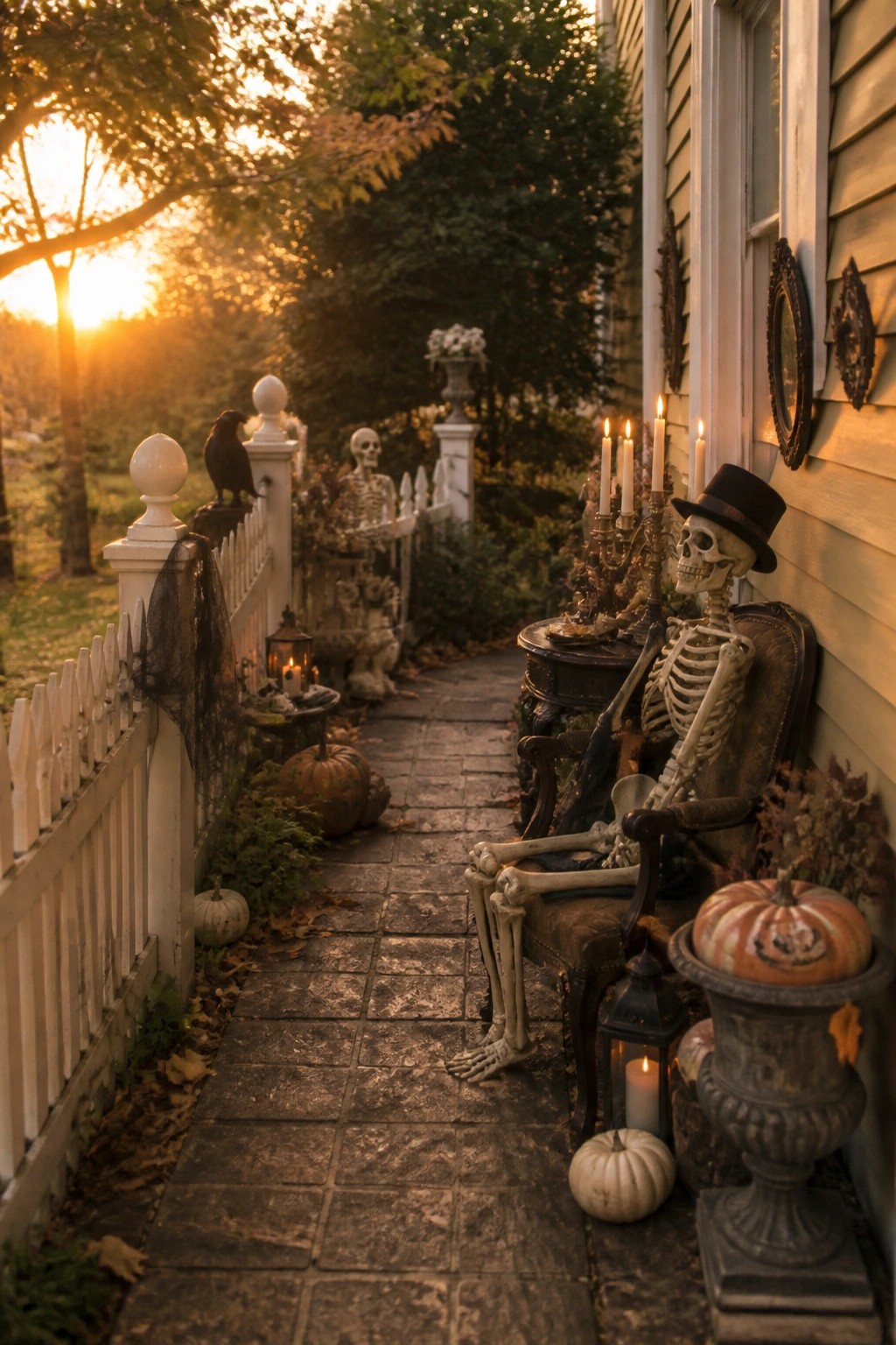 Stone walkway leading to a house porch with two skeletons, one seated in a chair with a top hat, pumpkins, and lit candles along the path.