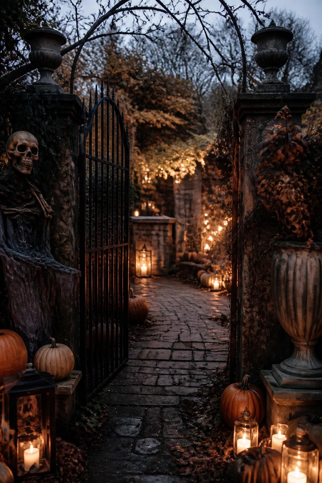 Stone gate entrance with a skeleton figure on the left pillar, pumpkins, and lit lanterns lining a cobblestone path.