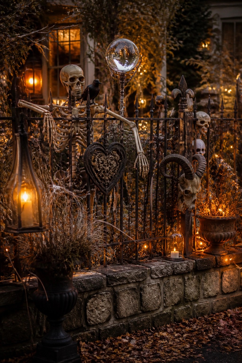 Skeleton with crow on shoulder beside crystal ball on ornate fence at night