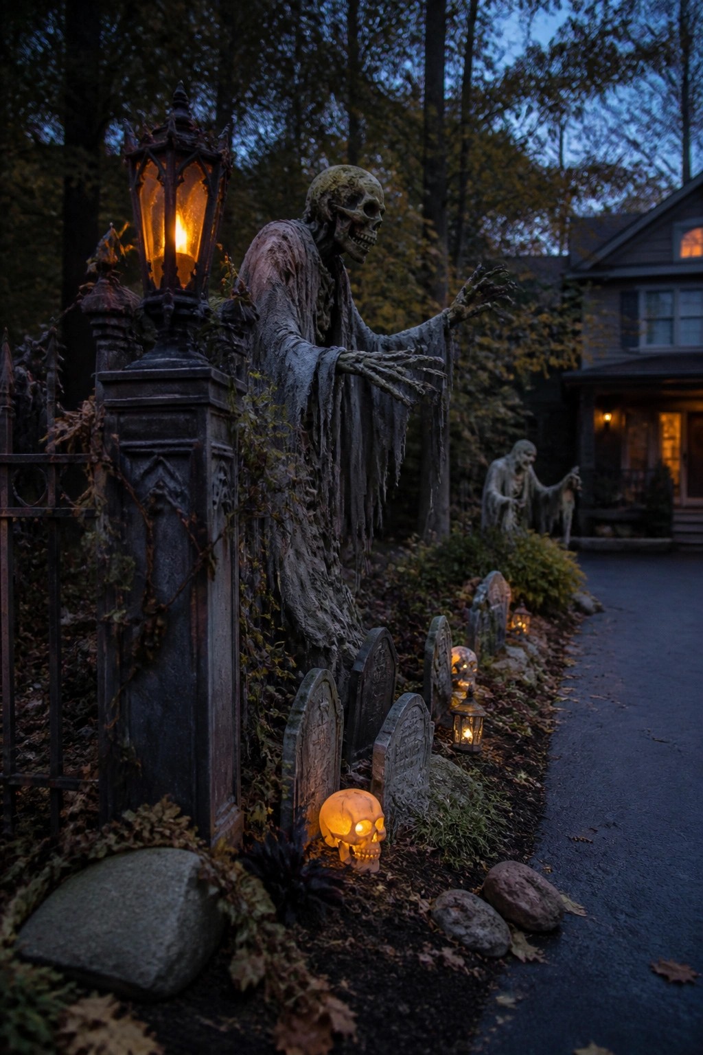 Skeleton zombie reaching from lantern-topped pillar amid tombstones and glowing skulls at night