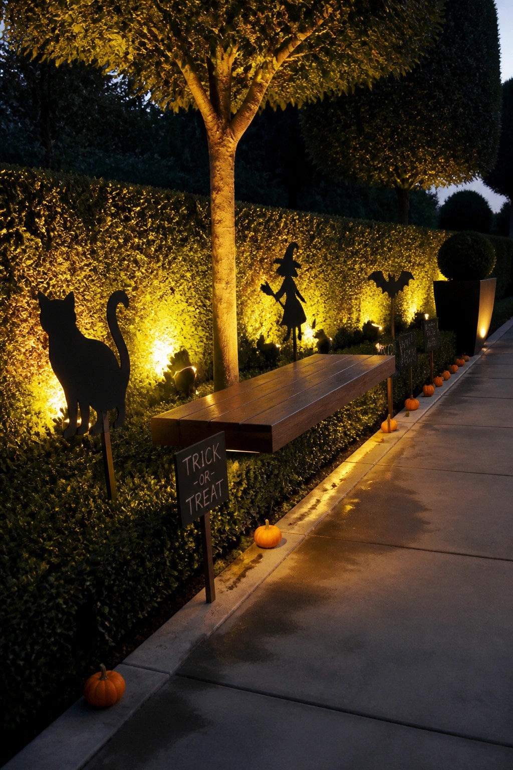 A garden path beside a tall hedge at night with black silhouette cutouts of a cat, witch, and bat placed in the hedge, small pumpkins along the path, and a wooden bench in front.