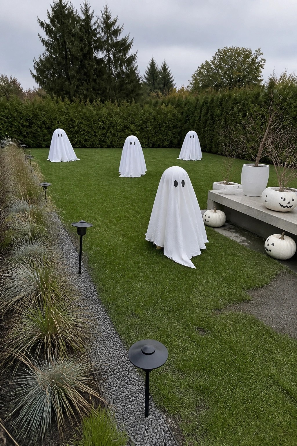 Four white sheet ghosts with black eyes on grassy lawn beside carved pumpkins.