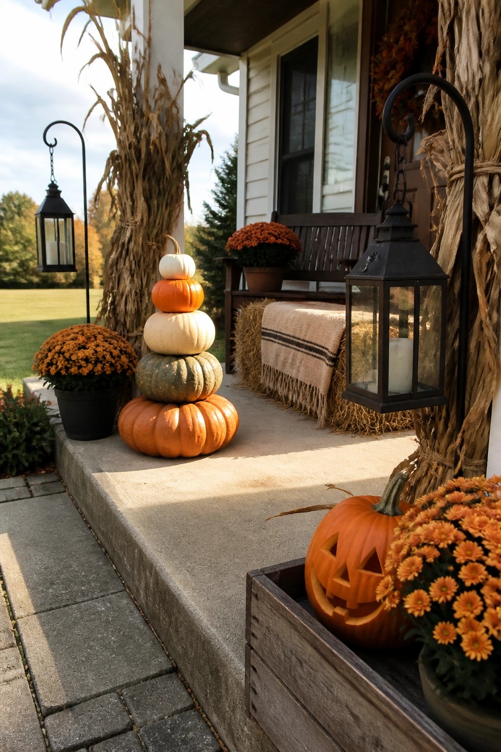 Front porch steps with a tower of stacked pumpkins in orange, white, and green, next to potted mums, black lanterns, corn stalks, and a hay bale.