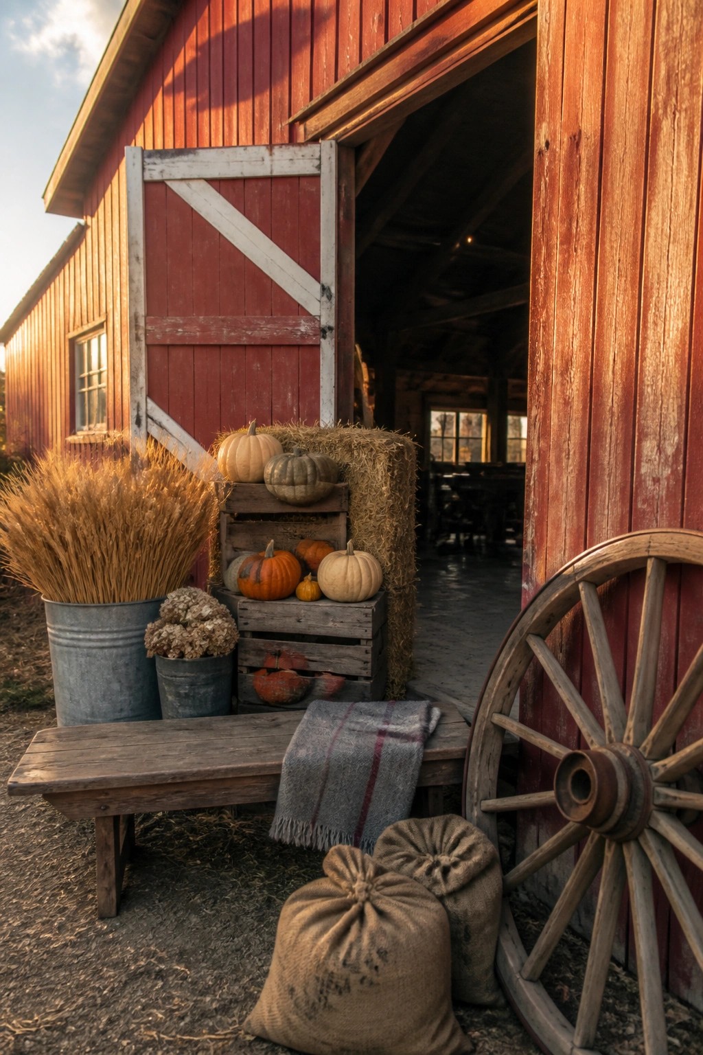 A red barn entrance with stacked wooden crates holding pumpkins, hay bales, a wooden bench, and burlap sacks arranged outside the open door.