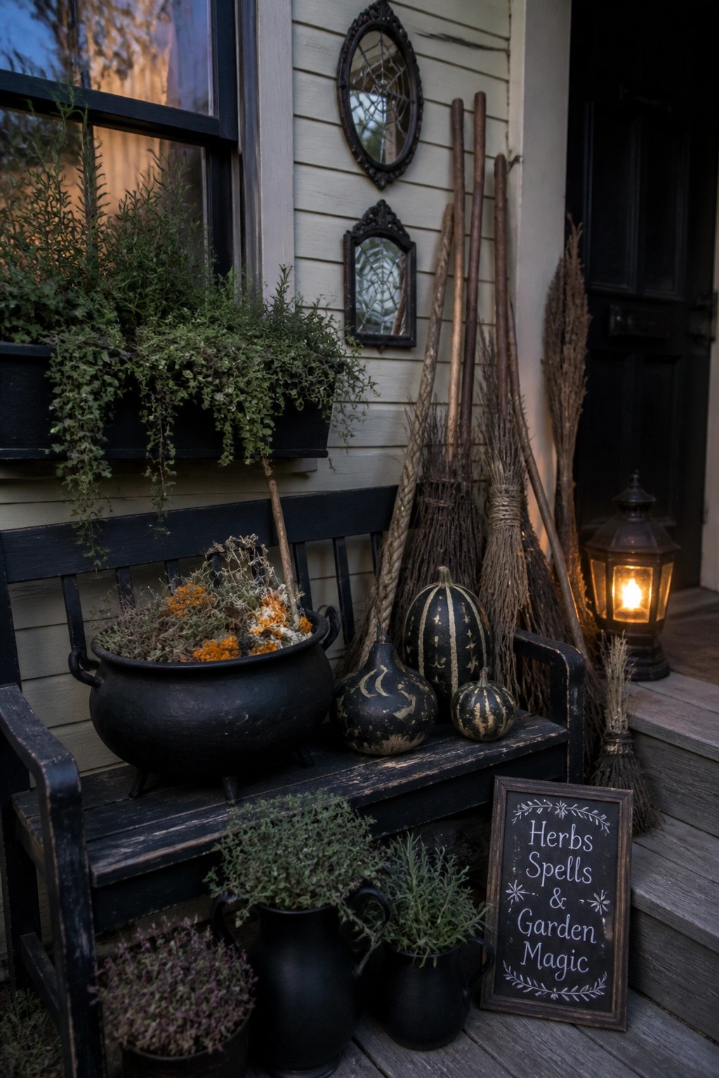 A black wooden bench on a house porch holds a large black cauldron, painted gourds, brooms, potted plants, and a chalkboard sign.