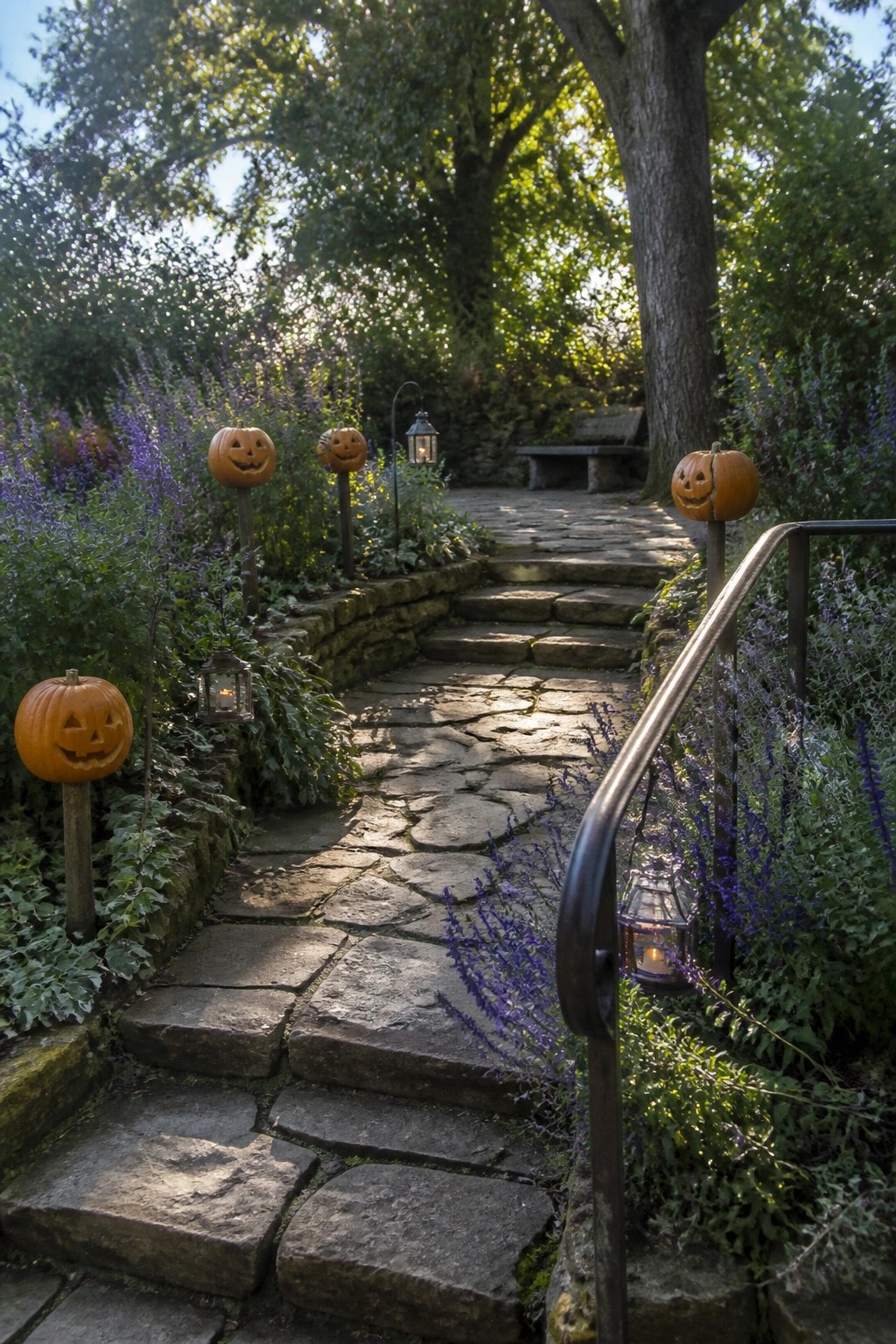Stone steps lined with jack-o'-lanterns, lanterns, and purple flowers beside metal rail