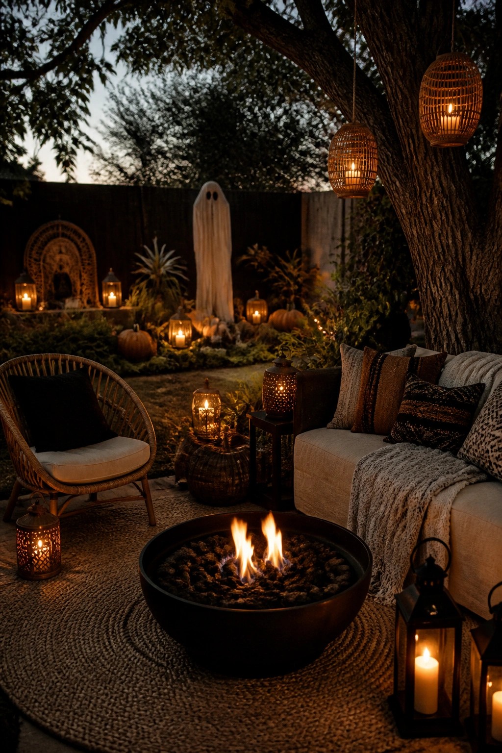 Backyard patio scene with a tall white ghost figure standing in the garden area behind a fire pit, surrounded by pumpkins and lanterns.