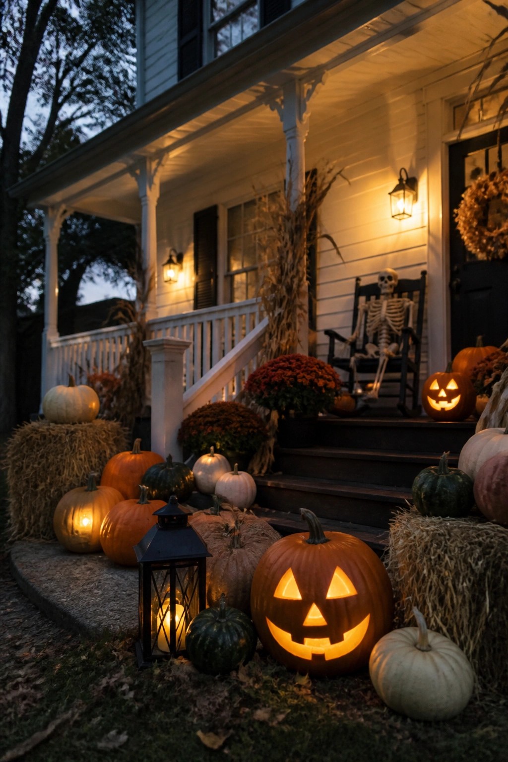 Front porch with a skeleton seated in a rocking chair, surrounded by carved and lit jack-o'-lanterns, pumpkins, and hay bales.