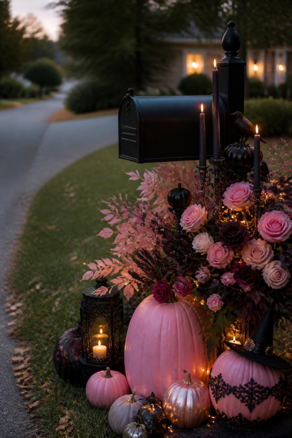 Black mailbox post decorated with a candelabra, tall black candles, a pumpkin wearing a witch hat, and surrounding pink and black pumpkins in a yard setting.