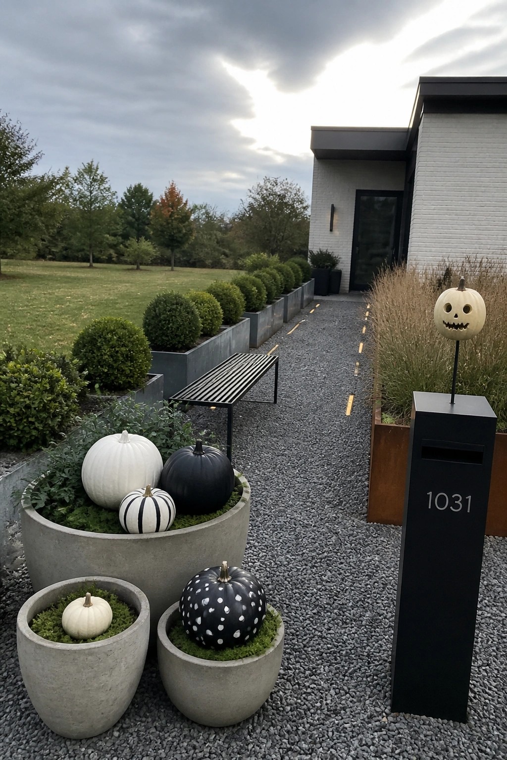 Modern home exterior with gravel path, gray concrete planters holding white and black pumpkins, a black mailbox marked 1031, and a carved pumpkin on a stake.