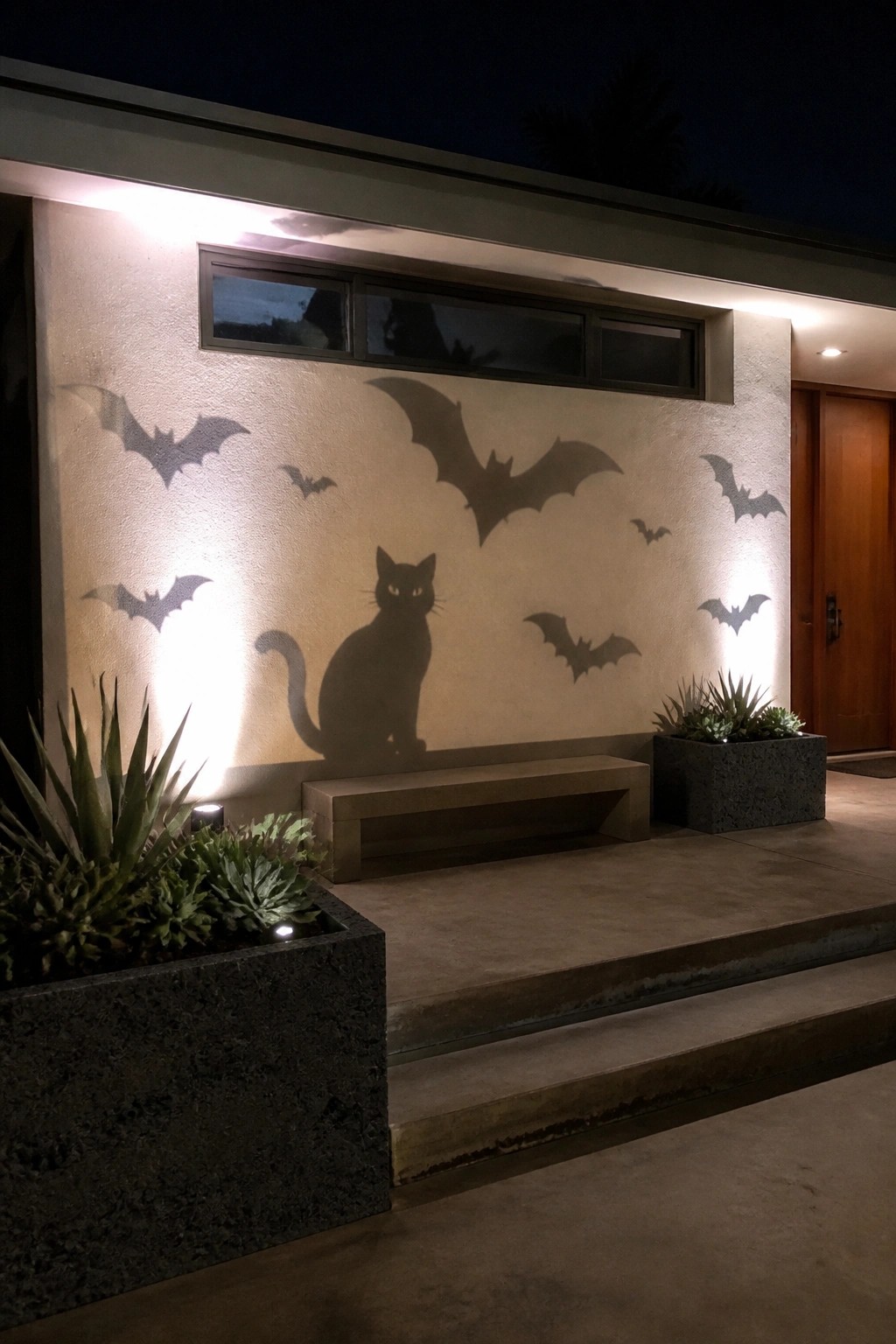 Shadows of bats and black cat on lit house wall with planters and steps
