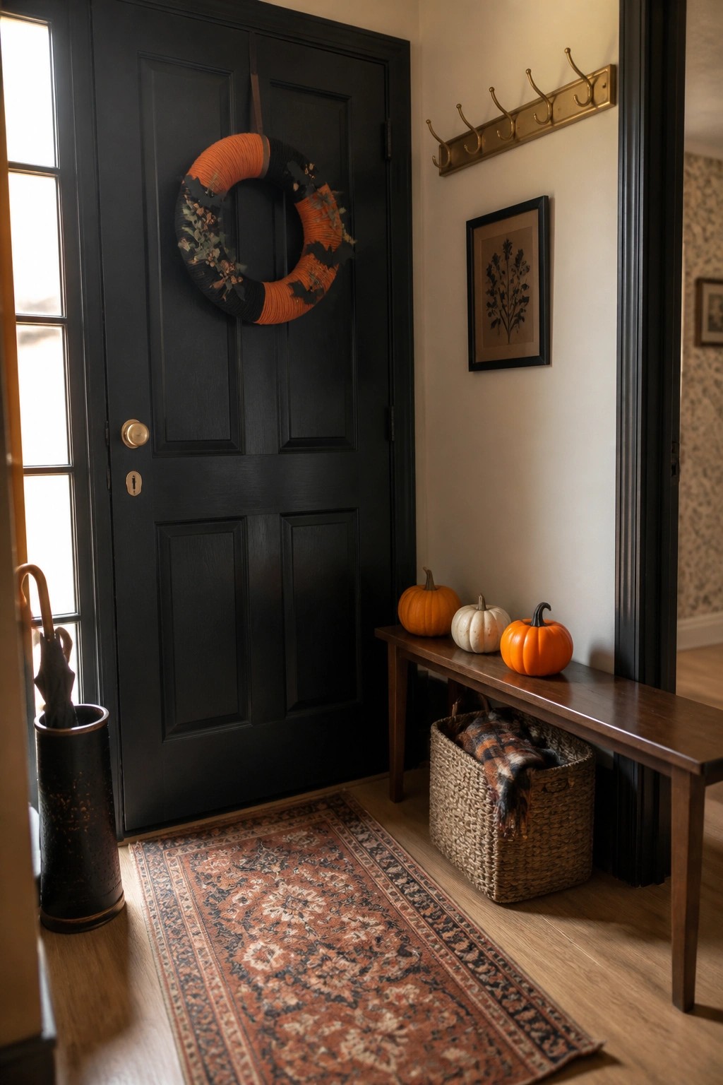 A black interior door with an orange and black wreath featuring bats, next to a wooden bench holding small pumpkins and a woven basket.