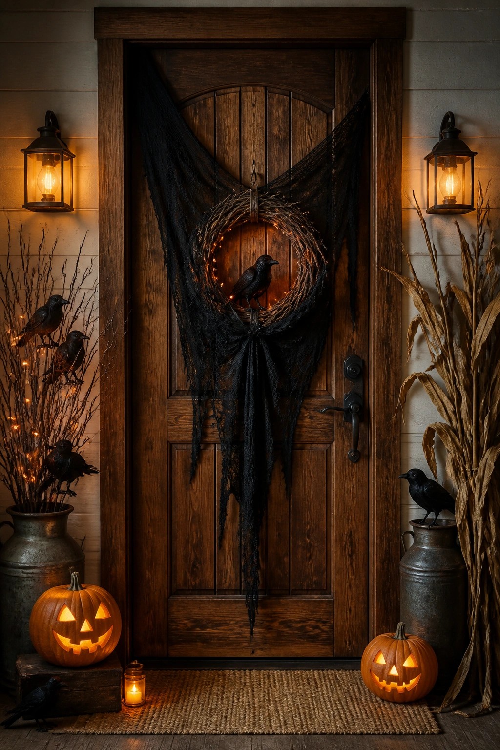 Wooden door with black wreath, crows, glowing pumpkins, lanterns, and corn stalks