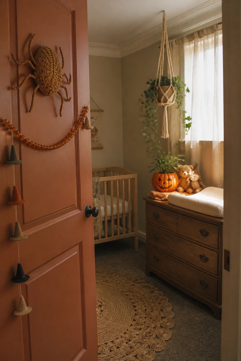 An open terracotta door in a child's room shows a woven spider and an orange beaded garland with small felt hats.