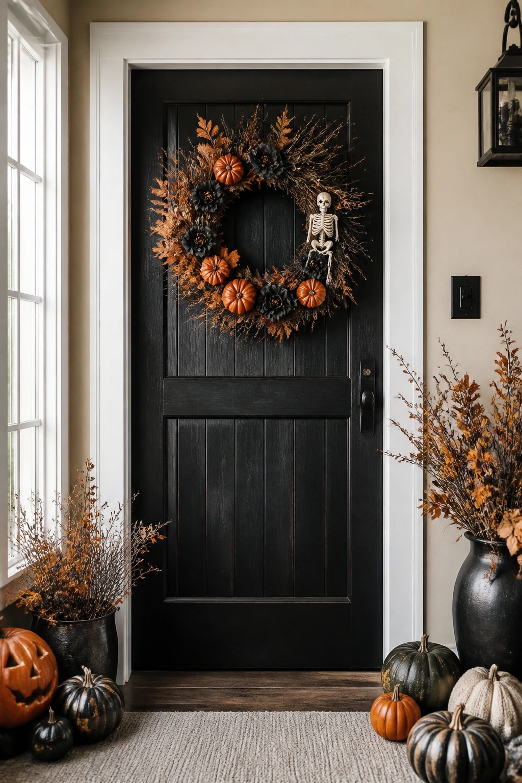 Black front door with a large wreath featuring small orange pumpkins, dark flowers, and a hanging skeleton figure, surrounded by pumpkins on the floor.