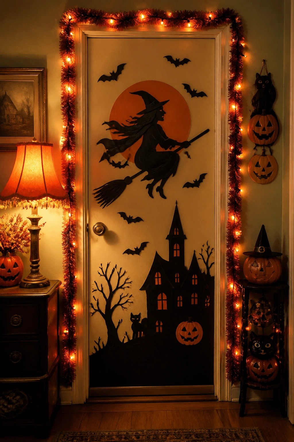 Interior door decorated with a large black witch on a broomstick silhouette, bats, orange moon, and haunted house cutout, framed by orange string lights.