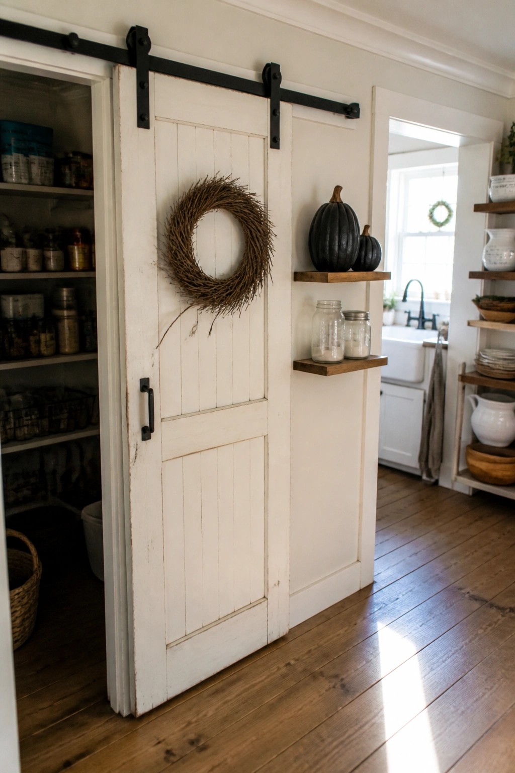 White sliding barn door with wreath, open to pantry shelves and black pumpkins.