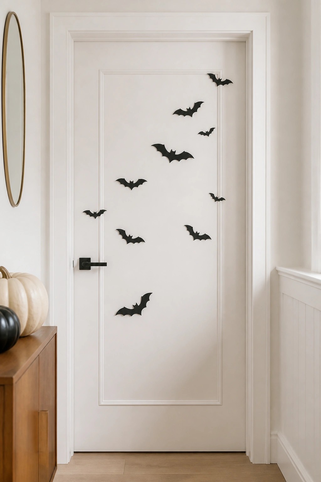 White interior door with black bat decorations scattered across the surface and two pumpkins on a wooden surface nearby.