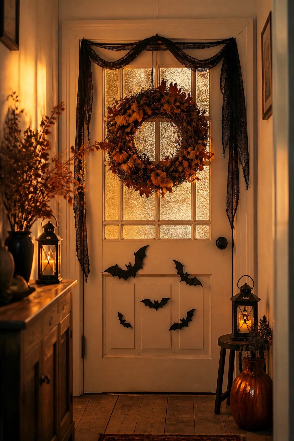 White indoor door with black bat cutouts arranged on the panels, an autumn wreath above, and black fabric draped across the top.