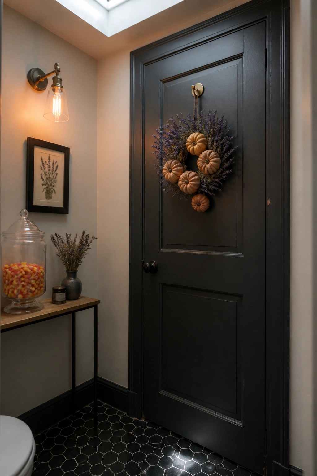 A black paneled interior door with a wreath of lavender and small orange pumpkins hanging on it in a small room with a console table and candy jar nearby.