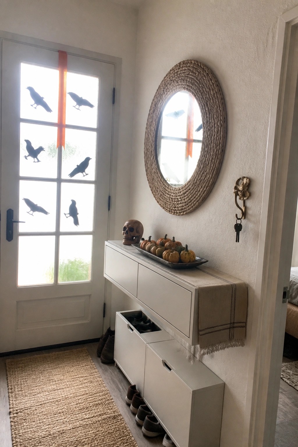 A white interior door with multiple black bird silhouettes and an orange ribbon across the glass panes, beside a white console table holding small pumpkins and a skull.