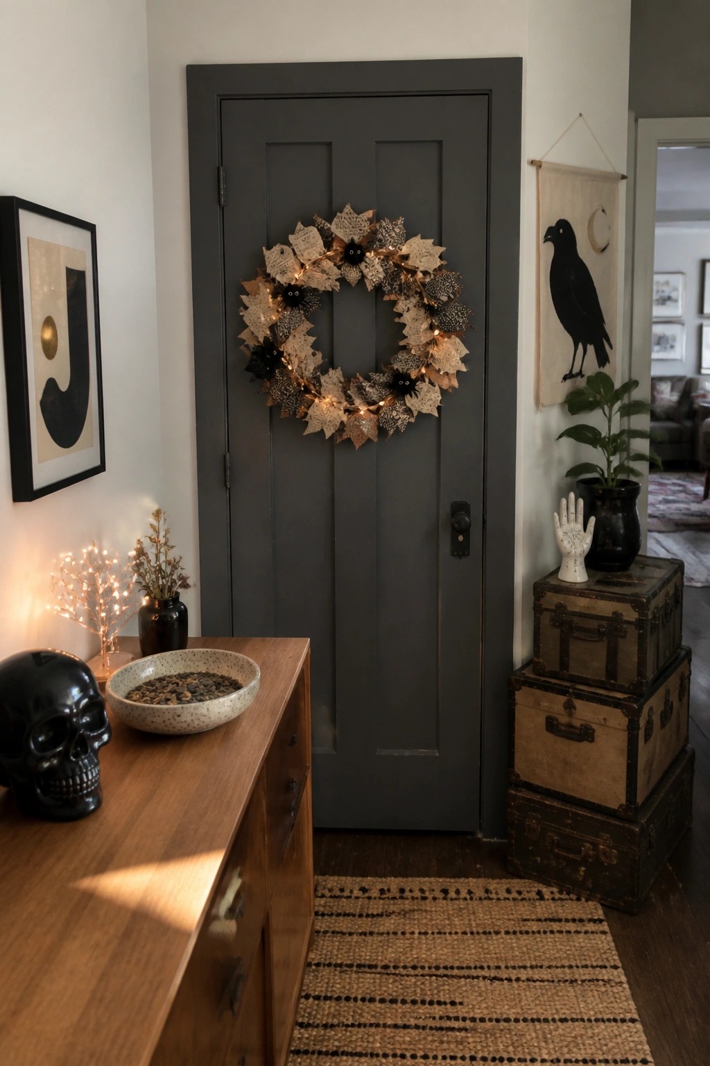 A dark gray interior door with a wreath made of book pages, small lights, and black accents, next to a wooden console holding a black skull and a bowl.