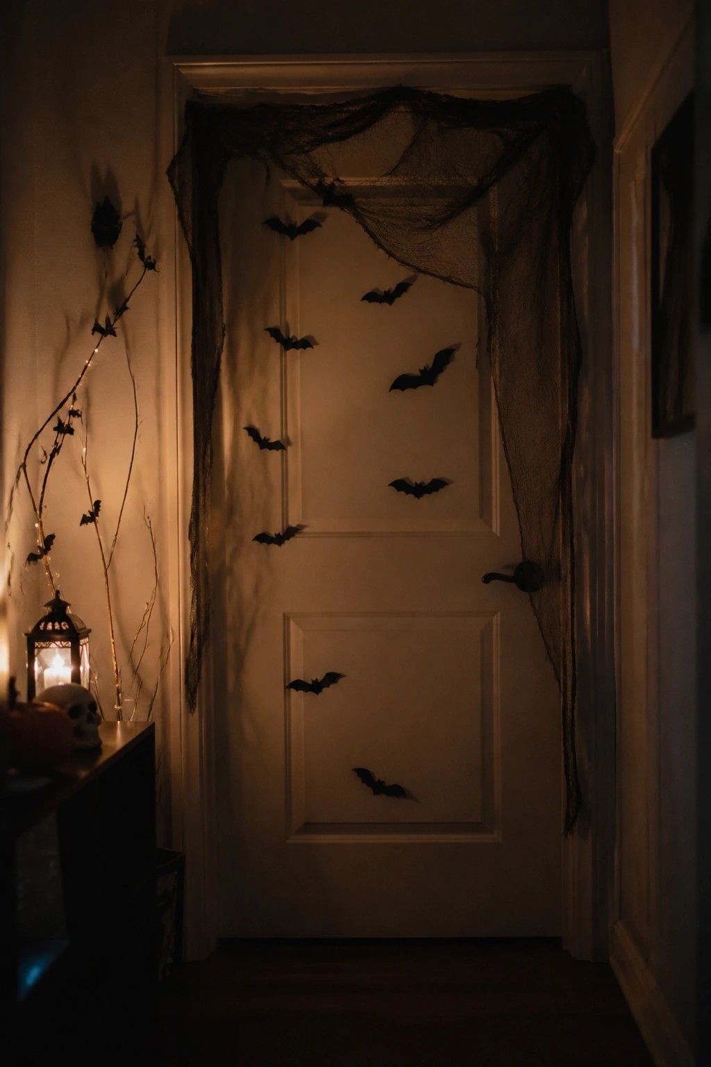 An interior door covered with black bat cutouts and draped black mesh netting, with a lantern and skull visible to the side.