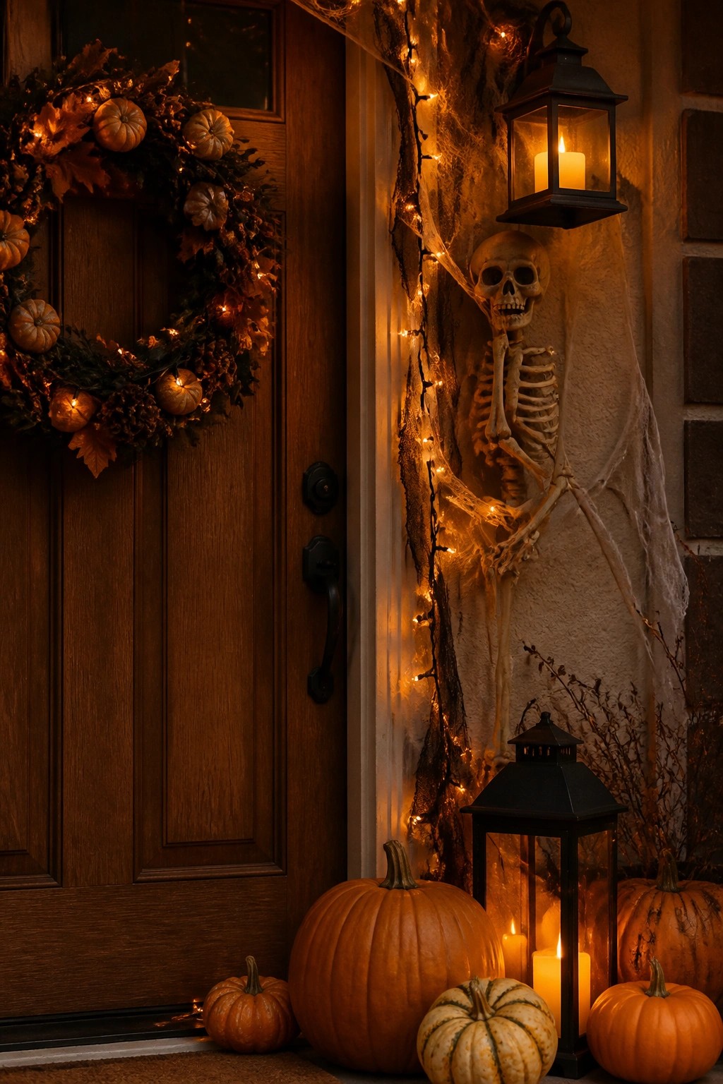 Wooden front door with a pumpkin wreath on the left and a skeleton wrapped in string lights and spiderwebs on the right side of the frame, with pumpkins and lanterns at the base.