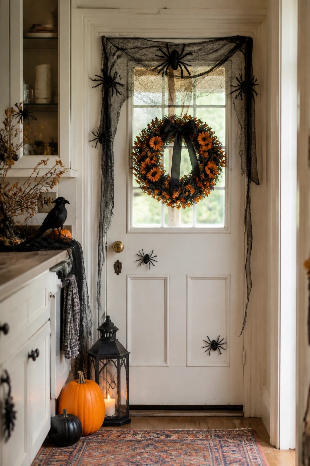 White interior door decorated with black spiderweb mesh, multiple black plastic spiders, and an orange floral wreath with a black bow.