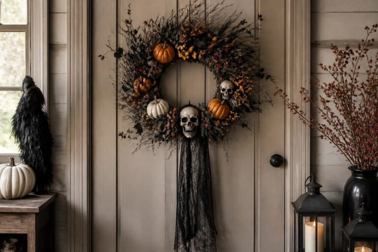 Black front door with a large wreath featuring small orange pumpkins, dark flowers, and a hanging skeleton figure, surrounded by pumpkins on the floor.