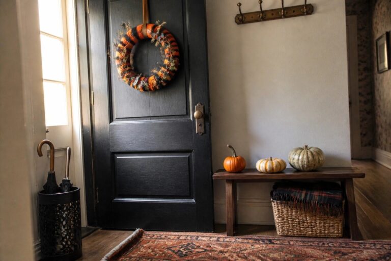 A black interior door with an orange and black wreath featuring bats, next to a wooden bench holding small pumpkins and a woven basket.