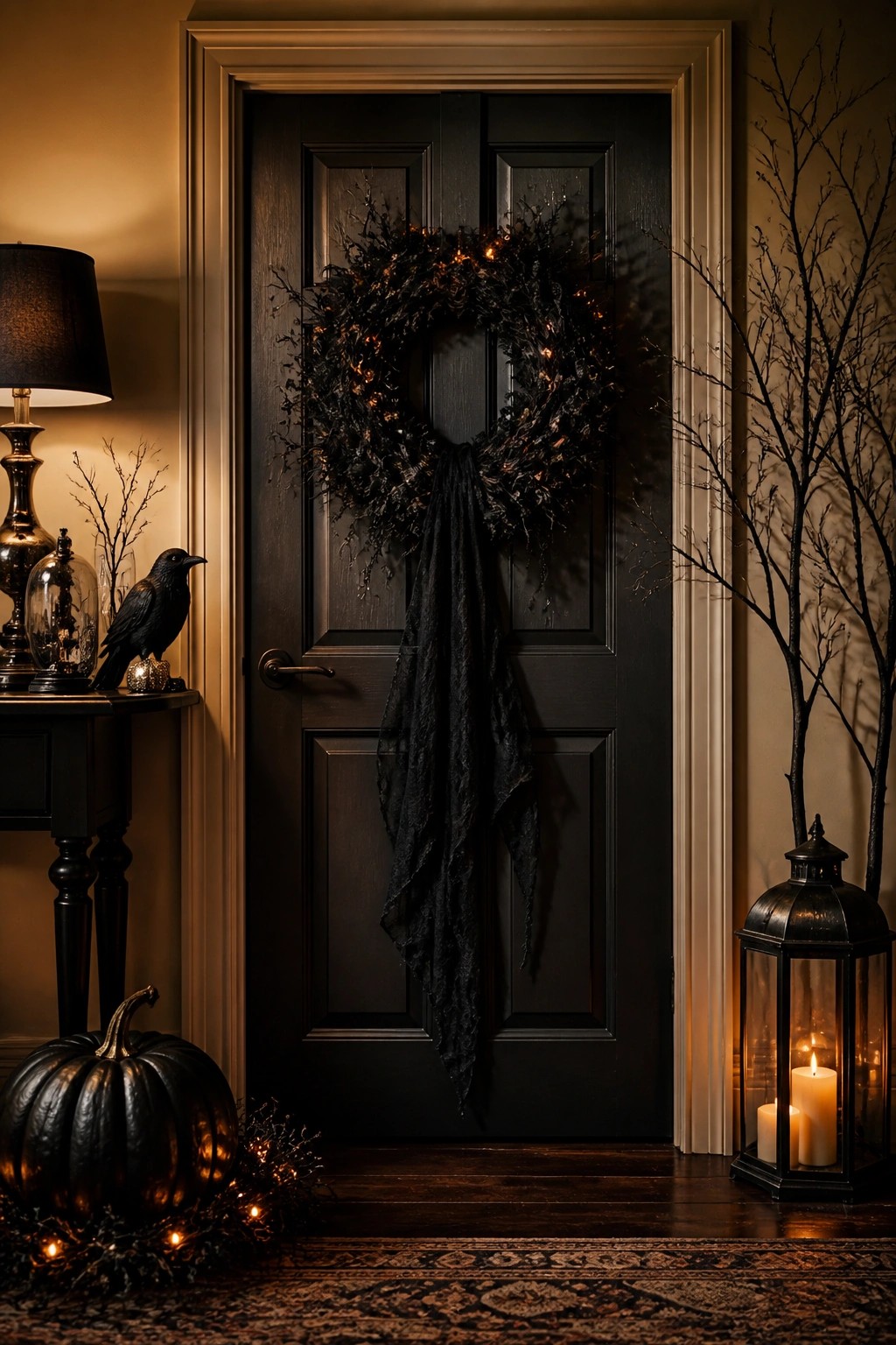 Black front door decorated with a large dark wreath strung with lights and a long black fabric drape, next to a black bird figurine and a lit lantern.