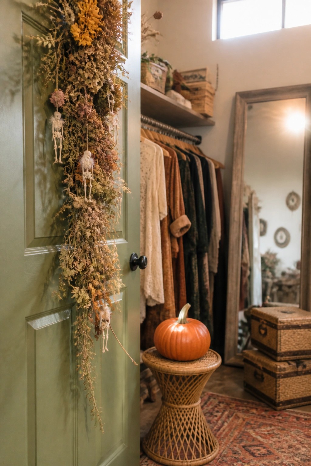 A green interior door with a long hanging garland of dried foliage and small skeleton figures, beside an open closet holding a pumpkin on a stool.