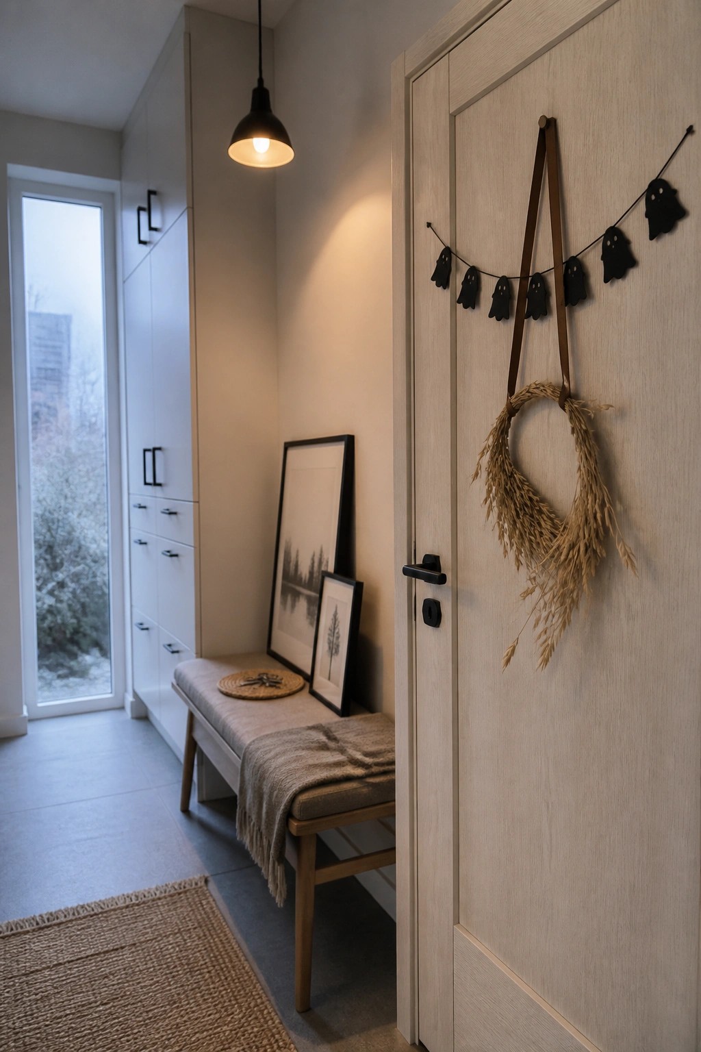 A light wood interior door with a leather strap holding a dried grass wreath and a string of black ghost cutouts hanging across the upper half.
