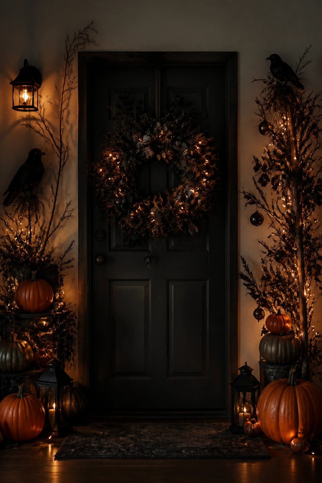 Black front door with a large dark leaf wreath strung with lights, black crows perched on branches, and pumpkins with lanterns arranged on the floor.