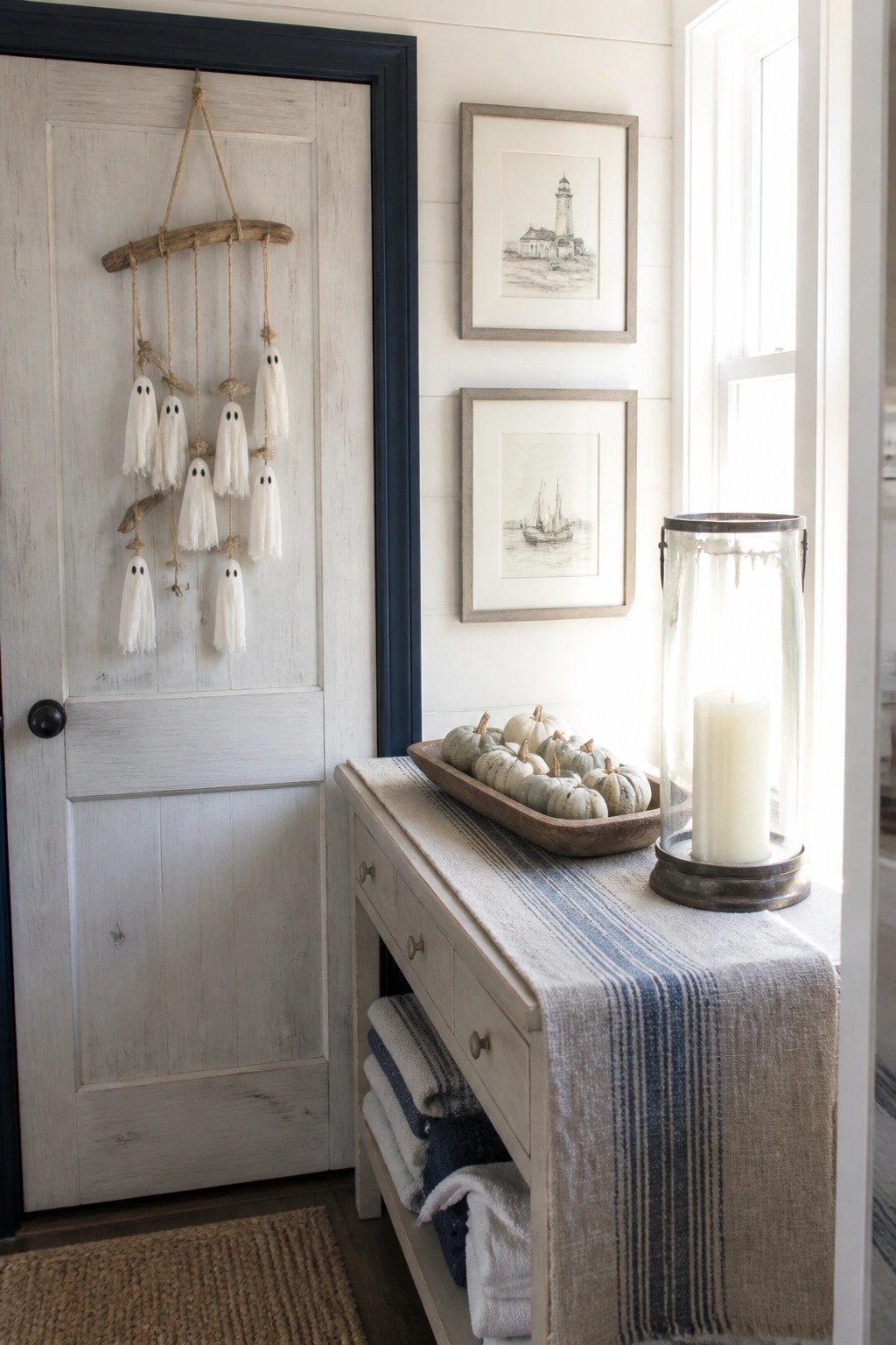 A light wood door with black trim features a branch hung with white fabric ghost figures on twine, beside a console table holding small pumpkins and a tall candle.