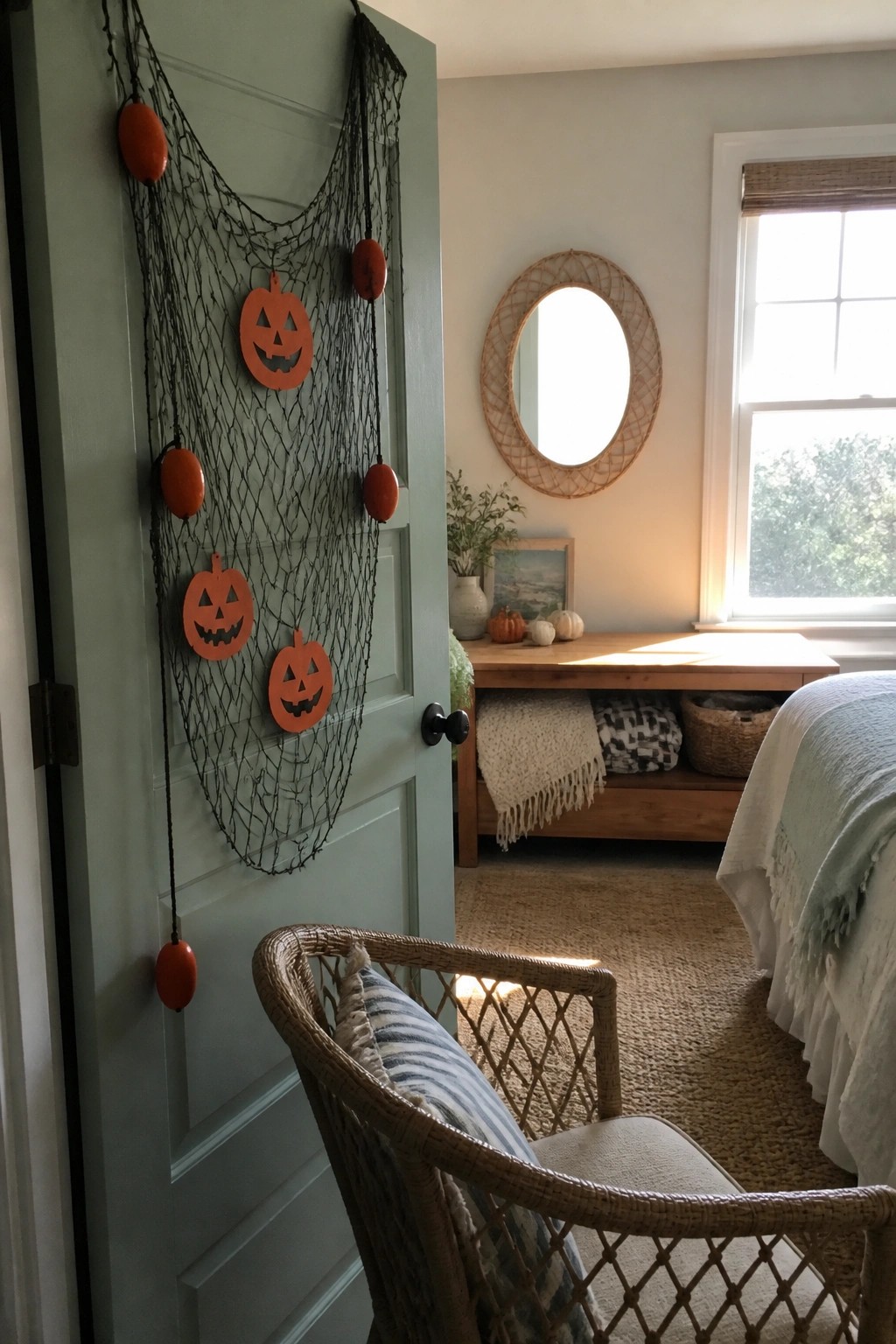 A sage green door with a black mesh net holding orange pumpkin cutouts and beads stands open in a bedroom with a wicker chair and wooden bench.