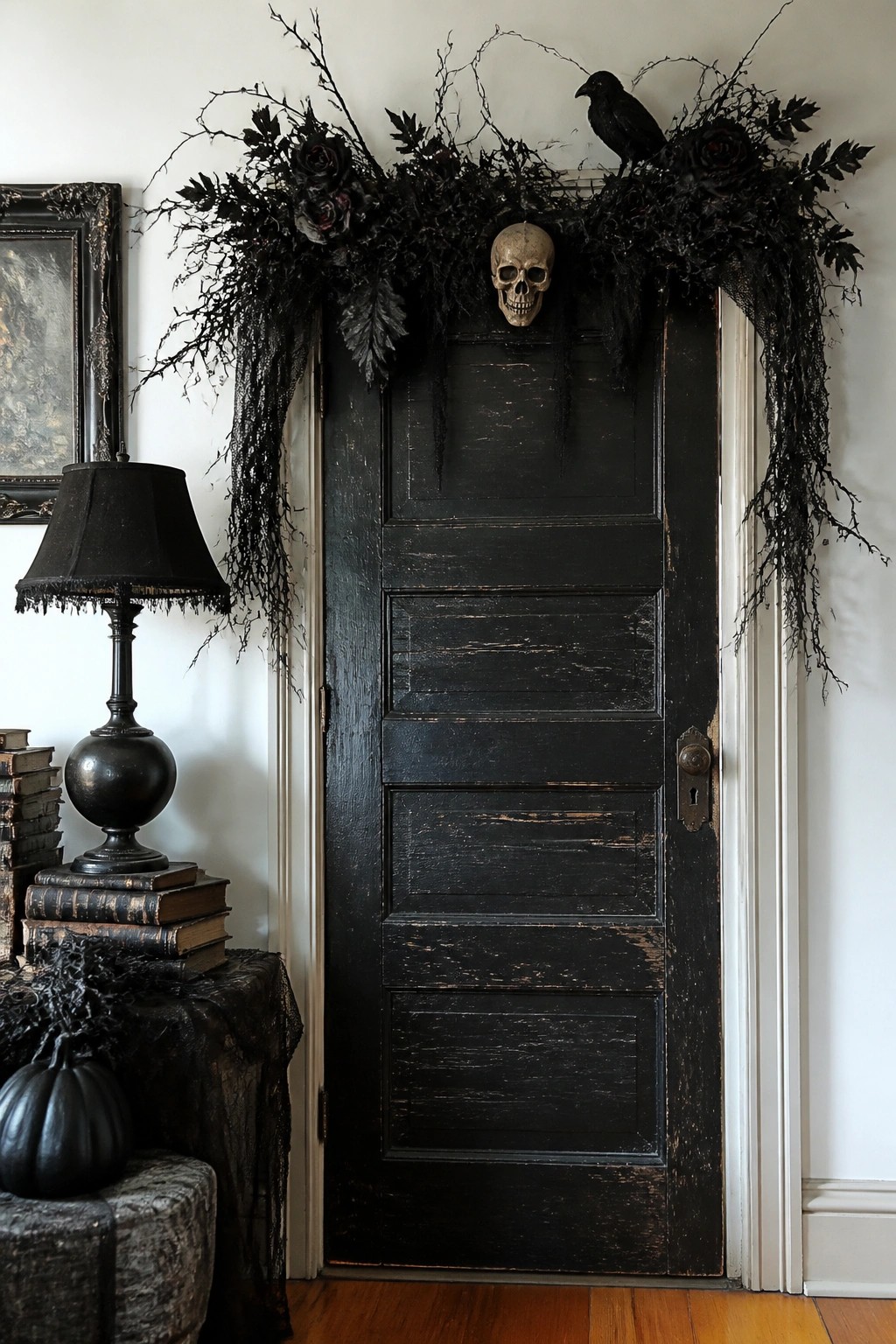 Black door with skull, crow, and dark floral garland, gothic Halloween decor with books and lamp