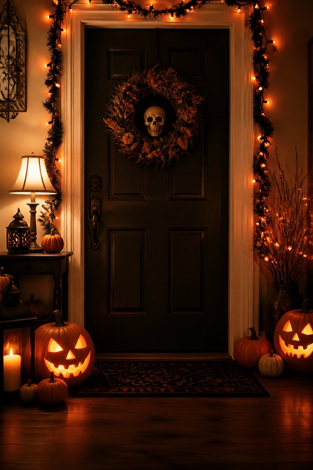 Dark front door with a skull centered in a dried floral wreath, surrounded by carved jack o lanterns and string lights in an entryway.