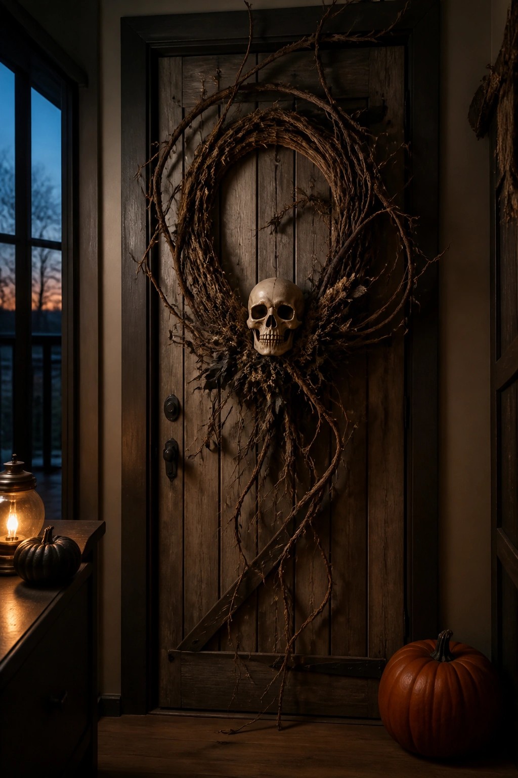 Wooden indoor door with a large branch wreath centered around a skull and small pumpkins placed on a side table.